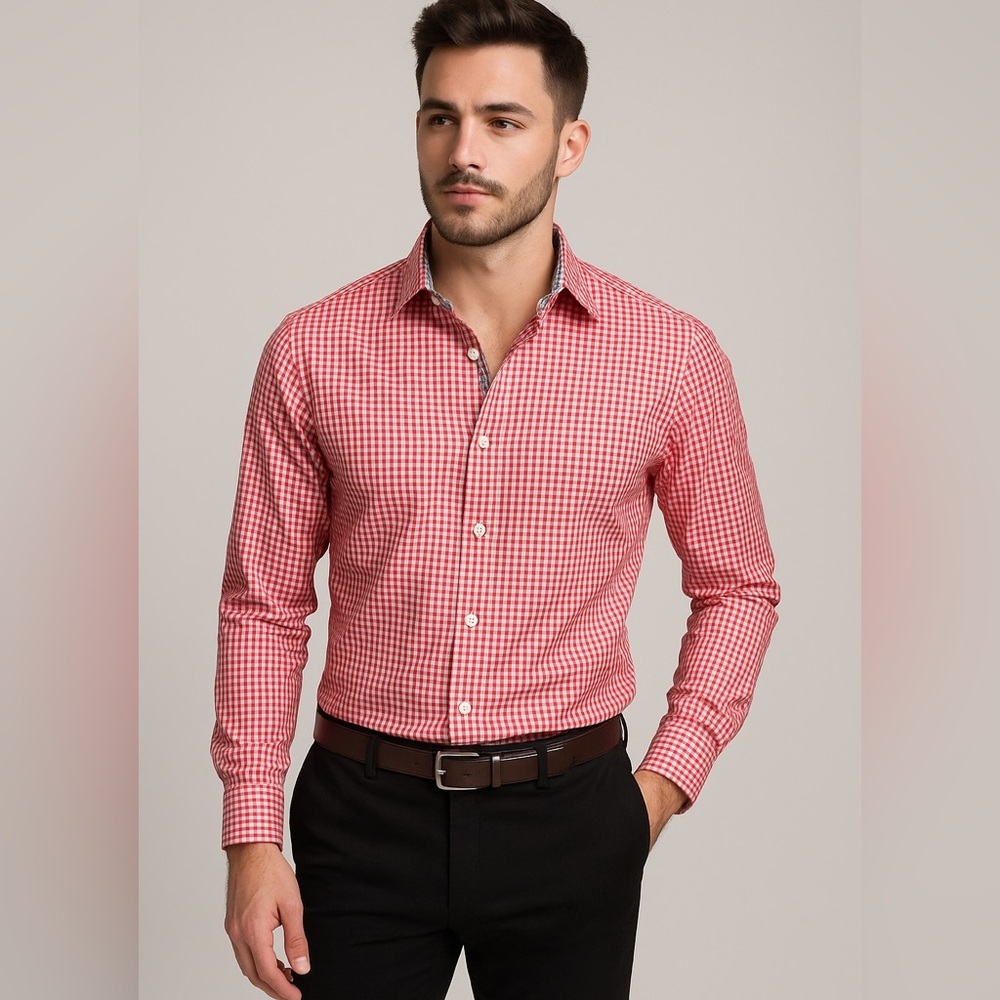 Bugatchi‎ Uomo Men’s Shirt L/S Red Gingham Plaid Button Up Sz 16 M